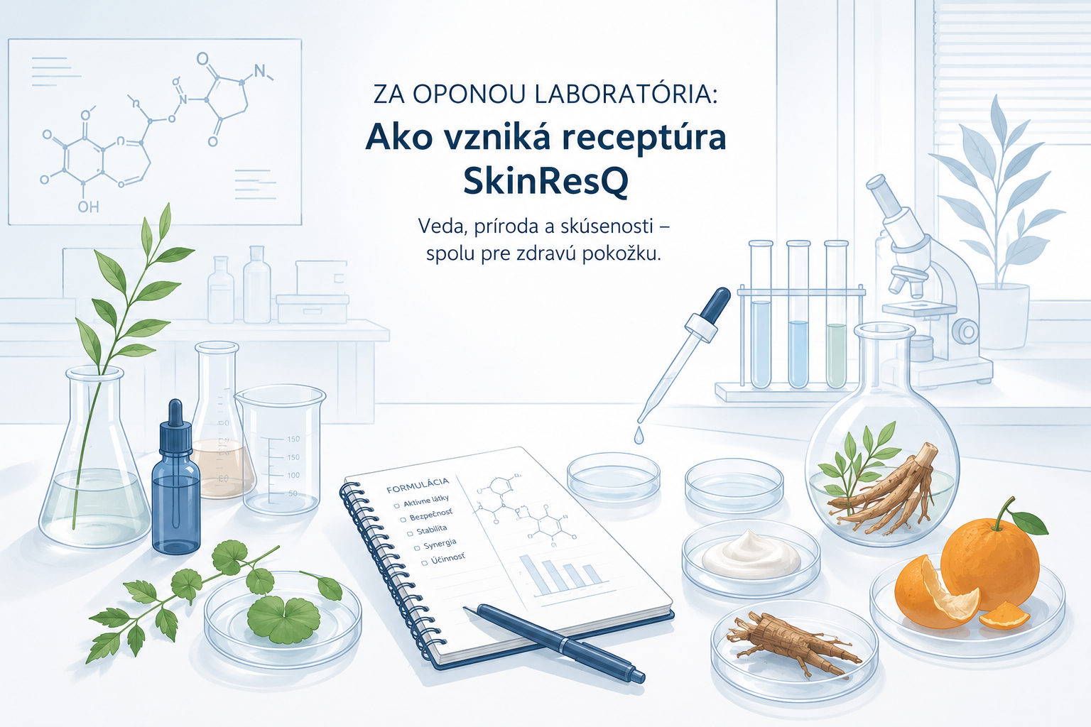 Za oponou laboratória – Ako vzniká moderná dermokozmetická receptúra Ilustrácia moderného laboratória znázorňujúca proces vývoja dermokozmetickej receptúry od výberu aktívnych látok až po finálnu formuláciu.